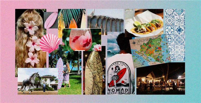 A collage featuring summer and surf themes: surfboards, a map of Nicaragua, tacos, a horse, people outdoors, flowers, tiled patterns, and a drink—all set against a pink and blue gradient background inspired by the Emerald Coast.