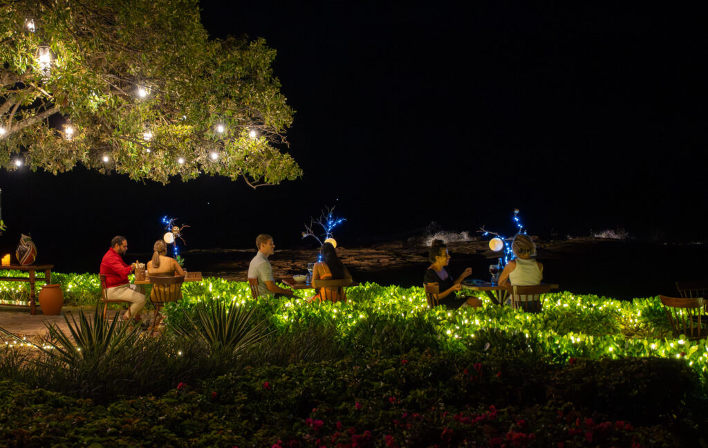 People enjoy a Cena Bajo la Luna Llena at outdoor tables beneath a tree adorned with string lights, facing the ocean. Warm light glows from lush greenery, while blue lights highlight the rocks along the shoreline.