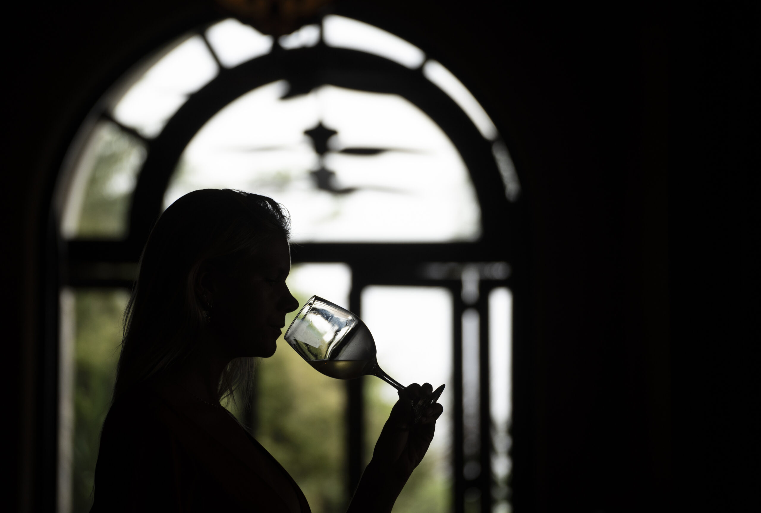 Silhouette of a person holding a wine glass near their face, set against a bright arched window at Rancho Santana, with a ceiling fan and Green Season trees visible outside.
