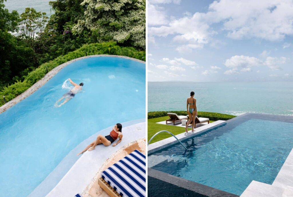 Split image: Left—two people relax in a curved infinity pool surrounded by greenery, overlooking the water. Right—a person stands at the edge of a rectangular pool facing the ocean and partly cloudy sky.